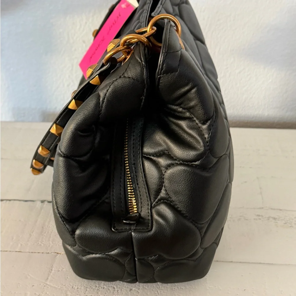 Betsey Johnson Xomia black heart quilted bag gold-tone hardware pink bear charm